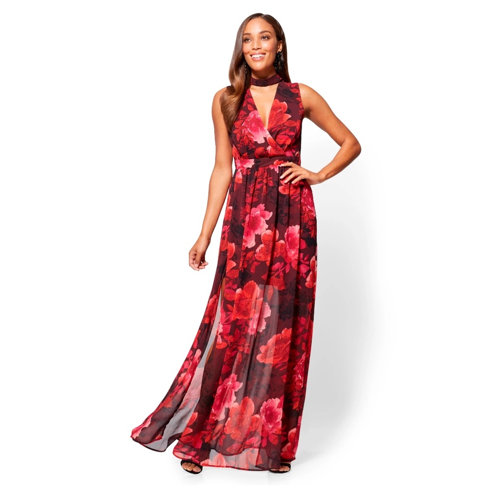 NEW YORK & COMPANY FLORAL CHOKER MAXI DRESS XS